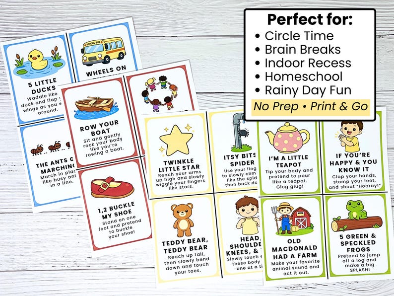K&ouml;nnte beinhalten: Eine Sammlung farbenfroher Lernkarten mit Kinderreimen und Bewegungsliedern. Jede Karte enth&auml;lt Illustrationen und Texte f&uuml;r Lieder wie "5 kleine Entchen", "Itsy Bitsy Spinne" und "Wenn du gl&uuml;cklich bist".