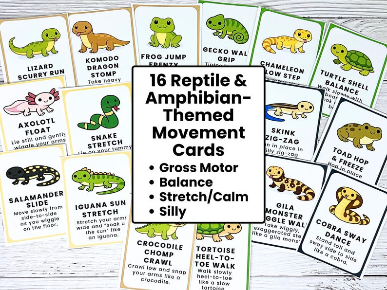 May include: A collection of 16 reptile and amphibian-themed movement cards. Each card features a different animal and a corresponding exercise, such as the "Cobra Sway Dance" or the "Toad Hop & Freeze". The cards are designed for gross motor skills, balance, and stretching.