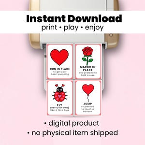 May include: A printer is shown with four cards featuring illustrations and text. The cards have a pink border and include a red heart, a rose, a ladybug, and a balloon. Text on the cards includes "Run in Place," "March in Place," "Fly," and "Jump."