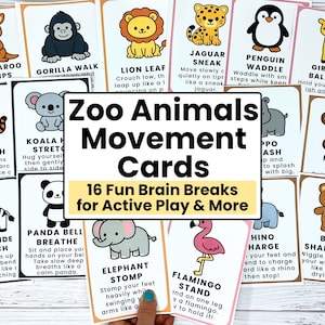 Op de afbeelding: Een verzameling kleurrijke Zoo Animals Bewegingskaarten. Elke kaart toont een andere dierenillustratie en bewegingsinstructies. De kaarten zijn ontworpen voor actief spelen en hersenpauzes. De tekst luidt "Zoo Animals Movement Cards" en "16 Fun Brain Breaks".