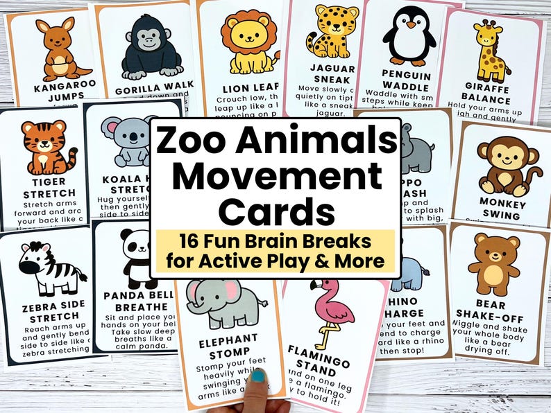 Op de afbeelding: Een verzameling kleurrijke Zoo Animals Bewegingskaarten. Elke kaart toont een andere dierenillustratie en bewegingsinstructies. De kaarten zijn ontworpen voor actief spelen en hersenpauzes. De tekst luidt "Zoo Animals Movement Cards" en "16 Fun Brain Breaks".