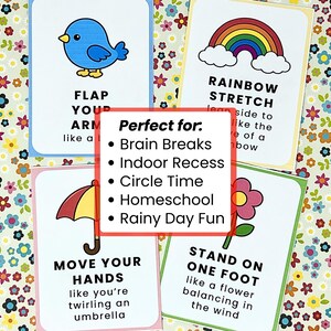 May include: Colorful cards with illustrations and text for children's activities. The cards feature a blue bird, a rainbow, an umbrella, and a flower. Text includes "Flap Your Arm", "Rainbow Stretch", "Move Your Hands", and "Stand on One Foot".