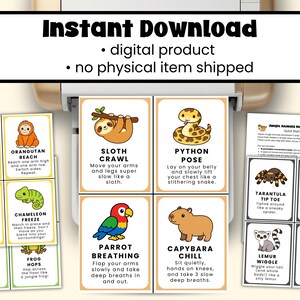 May include: Instant download digital product featuring animal movement cards. Each card has an animal illustration and instructions for a pose, including a toucan, sloth, and python. The cards are designed for fun and simple exercise.