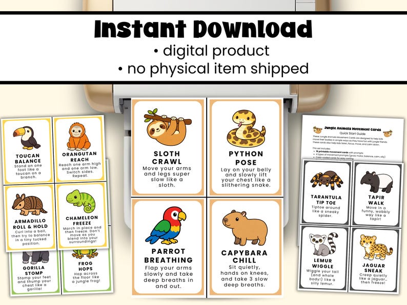 May include: Instant download digital product featuring animal movement cards. Each card has an animal illustration and instructions for a pose, including a toucan, sloth, and python. The cards are designed for fun and simple exercise.