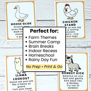 Peut inclure: Quatre cartes illustr&eacute;es avec des exercices sur le th&egrave;me des animaux de la ferme : Goose Glide, Chicken Stand, Llama Lookout et Donkey Kick. Les cartes sont blanches avec des bordures orange et pr&eacute;sentent des animaux de dessins anim&eacute;s. Le texte d&eacute;crit chaque exercice.