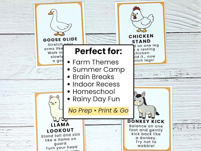 Peut inclure: Quatre cartes illustr&eacute;es avec des exercices sur le th&egrave;me des animaux de la ferme : Goose Glide, Chicken Stand, Llama Lookout et Donkey Kick. Les cartes sont blanches avec des bordures orange et pr&eacute;sentent des animaux de dessins anim&eacute;s. Le texte d&eacute;crit chaque exercice.