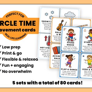 Op de afbeelding: Een set "Circle Time" bewegingskaarten met kleurrijke illustraties en instructies. De kaarten tonen acties zoals "Sound Maker" en "Clap & Dance". De set bevat 5 sets met in totaal 80 kaarten, ontworpen voor leren in het echte leven.