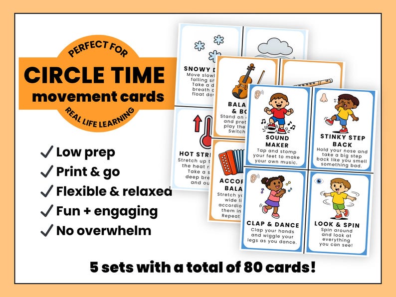 Op de afbeelding: Een set "Circle Time" bewegingskaarten met kleurrijke illustraties en instructies. De kaarten tonen acties zoals "Sound Maker" en "Clap & Dance". De set bevat 5 sets met in totaal 80 kaarten, ontworpen voor leren in het echte leven.