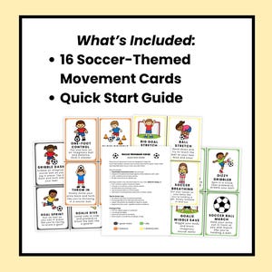K&ouml;nnte beinhalten: Ein Set aus 16 Fu&szlig;ball-Bewegungskarten und einer Schnellstartanleitung. Die Karten zeigen farbenfrohe Illustrationen von Kindern, die Fu&szlig;ball&uuml;bungen durchf&uuml;hren, mit Text, der jede Aktivit&auml;t beschreibt. Die Karten sind f&uuml;r k&ouml;rperliche Aktivit&auml;t konzipiert.