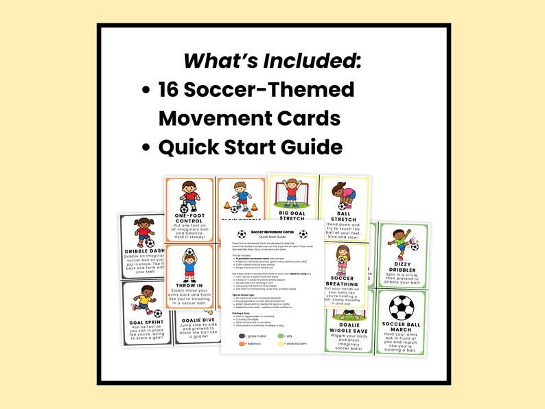 K&ouml;nnte beinhalten: Ein Set aus 16 Fu&szlig;ball-Bewegungskarten und einer Schnellstartanleitung. Die Karten zeigen farbenfrohe Illustrationen von Kindern, die Fu&szlig;ball&uuml;bungen durchf&uuml;hren, mit Text, der jede Aktivit&auml;t beschreibt. Die Karten sind f&uuml;r k&ouml;rperliche Aktivit&auml;t konzipiert.
