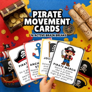 Op de afbeelding: Een set "Piraten Bewegingskaarten" met instructies voor actieve pauzes. De kaarten bevatten piratenthema-illustraties en tekst, waaronder een piratenschip, een schatkist en een kompas. De kaarten zijn ontworpen voor kinderactiviteiten.