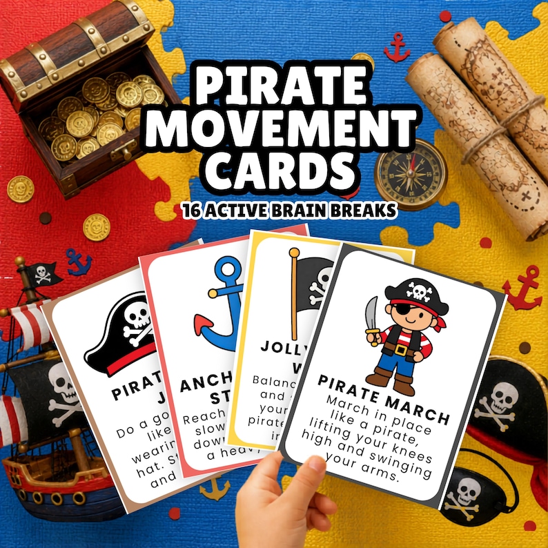 Op de afbeelding: Een set "Piraten Bewegingskaarten" met instructies voor actieve pauzes. De kaarten bevatten piratenthema-illustraties en tekst, waaronder een piratenschip, een schatkist en een kompas. De kaarten zijn ontworpen voor kinderactiviteiten.