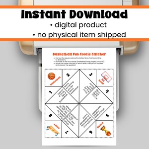 Puede incluir: Una hoja de juego impresa "Basketball Fun Cootie Catcher". La hoja presenta un dise&ntilde;o tem&aacute;tico de baloncesto con ilustraciones de una pelota de baloncesto, un aro, un trofeo y una cancha. El texto "Descarga instant&aacute;nea" est&aacute; en la parte superior.