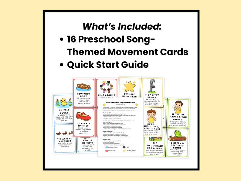 K&ouml;nnte beinhalten: Ein Set von 16 Bewegungskarten f&uuml;r den Kindergarten mit farbenfrohen Illustrationen und Texten. Die Karten enthalten Lieder wie "Twinkle Twinkle Little Star" und "Itsy Bitsy Spider". Ein Schnellstart-Leitfaden ist ebenfalls enthalten.