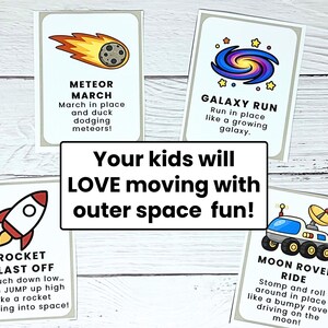 May include: Four illustrated cards with space-themed activities: Meteor March, Galaxy Run, Rocket Blast Off, and Moon Rover Ride. Text reads "Your kids will LOVE moving with outer space fun!" on a white rectangle.
