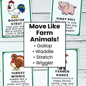 Peut inclure: Ensemble de cartes flash color&eacute;es avec des illustrations d'animaux de la ferme et des instructions de mouvement. Les cartes pr&eacute;sentent un coq, un cochon, une dinde et un fermier, avec des textes comme "Rooster Strut" et "Piggy Roll".