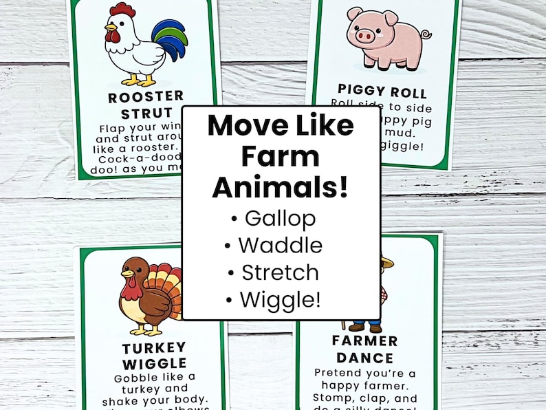 Peut inclure: Ensemble de cartes flash color&eacute;es avec des illustrations d'animaux de la ferme et des instructions de mouvement. Les cartes pr&eacute;sentent un coq, un cochon, une dinde et un fermier, avec des textes comme "Rooster Strut" et "Piggy Roll".