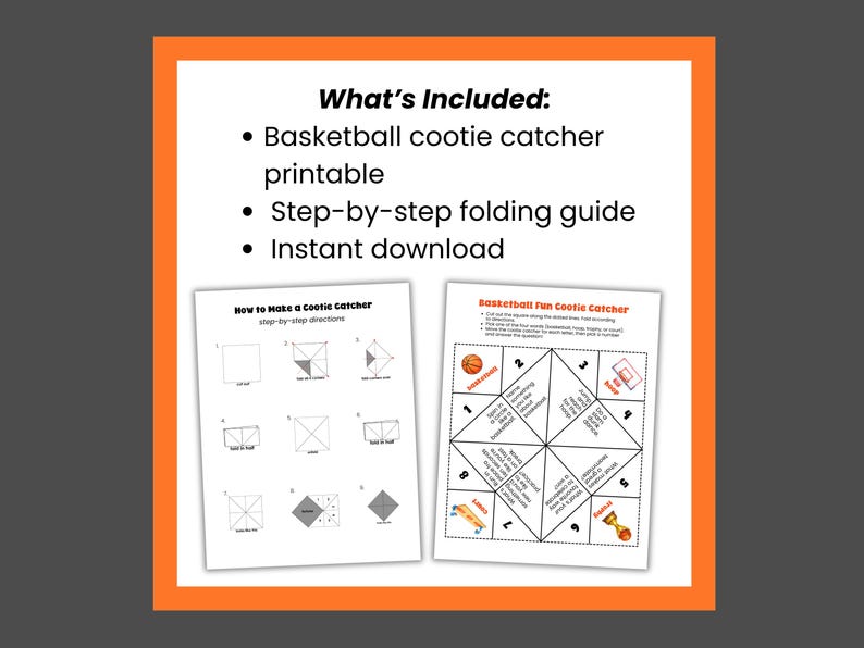 Puede incluir: Un atrapa-sue&ntilde;os imprimible con tem&aacute;tica de baloncesto con una gu&iacute;a de plegado paso a paso. La imagen incluye instrucciones sobre c&oacute;mo hacer un atrapa-sue&ntilde;os y un atrapa-sue&ntilde;os divertido de baloncesto terminado.