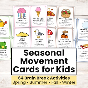 A set of colorful seasonal movement cards with illustrations and instructions for various activities. The cards are labeled "Seasonal Movement Cards Bundle" and include activities for spring, summer, fall, and winter.
