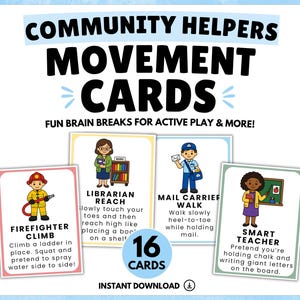 Op de afbeelding: Een set van 16 "Community Helpers Movement Cards" met illustraties van een brandweerman, bibliothecaris, postbode en leraar. Elke kaart bevat een activiteitenbeschrijving. De titeltekst is vetgedrukt en zwart.