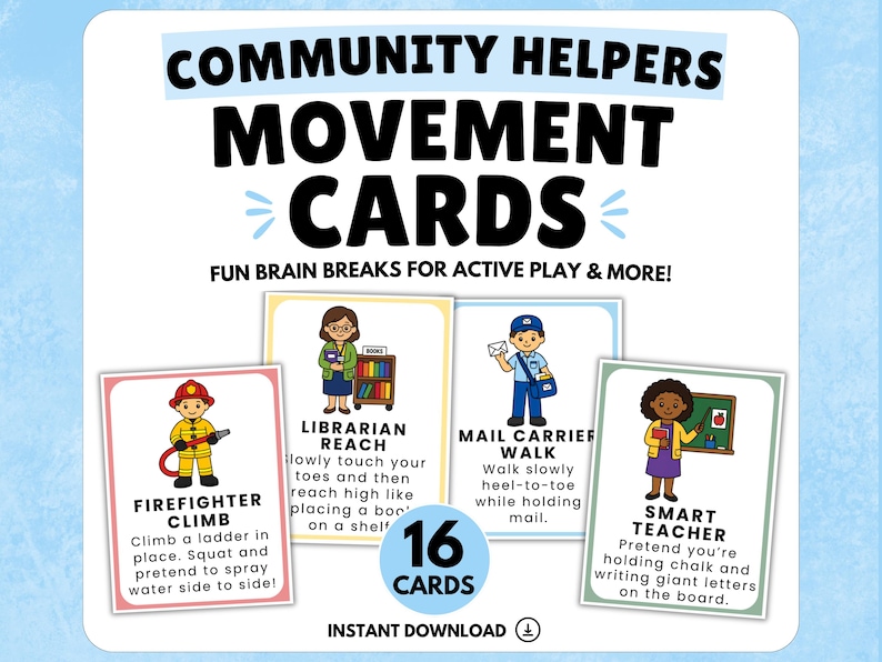 Op de afbeelding: Een set van 16 "Community Helpers Movement Cards" met illustraties van een brandweerman, bibliothecaris, postbode en leraar. Elke kaart bevat een activiteitenbeschrijving. De titeltekst is vetgedrukt en zwart.