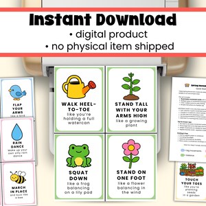 May include: A set of printable spring movement cards with colorful illustrations and instructions. The cards feature activities like "Run in Place," "Flap Your Arms," and "Touch Your Toes." The text "Instant Download" is at the top, indicating a digital product.