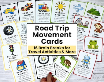 Road Trip Movement Cards for Kids, Printable Travel Activities, Car Ride Cards, Brain Breaks
