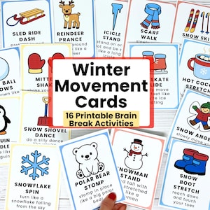 Puede incluir: Un conjunto de 16 tarjetas imprimibles de movimientos de invierno. Cada tarjeta presenta una ilustraci&oacute;n con tem&aacute;tica invernal y una actividad correspondiente, como "Sled Ride Dash" y "Snow Angels". Las tarjetas est&aacute;n dise&ntilde;adas para pausas cerebrales e incluyen im&aacute;genes de un trineo, renos y un mu&ntilde;eco de nieve.