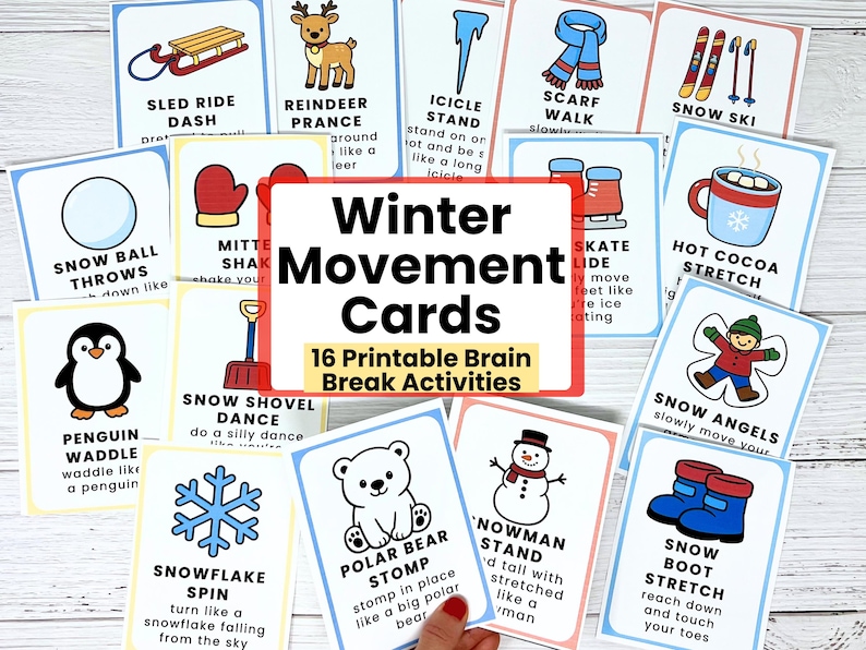 Puede incluir: Un conjunto de 16 tarjetas imprimibles de movimientos de invierno. Cada tarjeta presenta una ilustraci&oacute;n con tem&aacute;tica invernal y una actividad correspondiente, como "Sled Ride Dash" y "Snow Angels". Las tarjetas est&aacute;n dise&ntilde;adas para pausas cerebrales e incluyen im&aacute;genes de un trineo, renos y un mu&ntilde;eco de nieve.