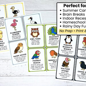 May include: A collection of flashcards with cartoon birds illustrating exercises. Each card has a picture and instructions for activities such as "Eagle Soar" and "Turkey Gobble Dance". The cards are designed for fun, no-prep activities.