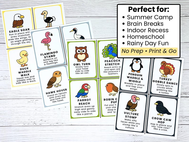 May include: A collection of flashcards with cartoon birds illustrating exercises. Each card has a picture and instructions for activities such as "Eagle Soar" and "Turkey Gobble Dance". The cards are designed for fun, no-prep activities.