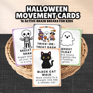 May include: A set of Halloween movement cards featuring illustrations of a skeleton, a black cat, a ghost, and children in costumes. Each card includes text instructions for physical activities, such as Skeleton Shake and Black Cat Walk.