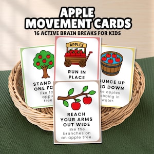 May include: A set of Apple Movement Cards featuring 16 active brain breaks for kids. The cards display colourful illustrations of apples, trees, and carts with text instructions like Run in Place and Reach Your Arms Out Wide, all held in a woven basket.