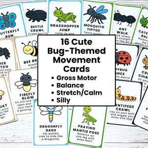 Pu&ograve; includere: Una collezione di 16 carte di movimento a tema insetti. Ogni carta presenta un'illustrazione di un insetto e un'attivit&agrave; corrispondente, come "Butterfly Run" o "Spider Stretch". Le carte sono progettate per le capacit&agrave; motorie, l'equilibrio e lo stretching.
