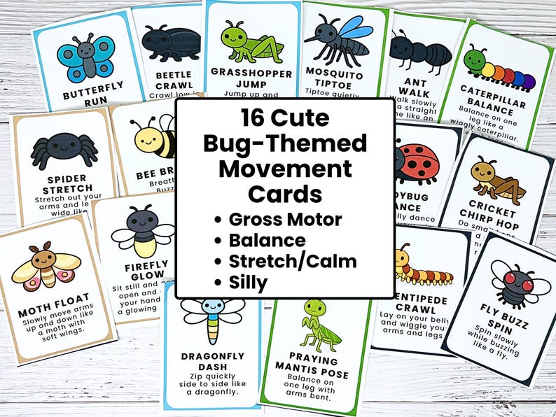 Pu&ograve; includere: Una collezione di 16 carte di movimento a tema insetti. Ogni carta presenta un'illustrazione di un insetto e un'attivit&agrave; corrispondente, come "Butterfly Run" o "Spider Stretch". Le carte sono progettate per le capacit&agrave; motorie, l'equilibrio e lo stretching.