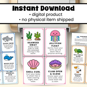 May include: A set of printable ocean movement cards with colorful illustrations and instructions. The cards feature various sea creatures and actions, such as a dolphin jump, jellyfish float, and starfish still. The text "Instant Download" is at the top.