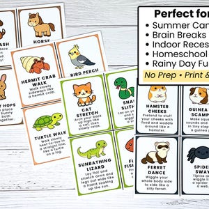May include: A set of illustrated cards featuring various animal-themed exercises. Each card displays a cartoon animal and instructions, such as "Dog Dash" and "Bunny Hops." The cards are designed for summer camp, brain breaks, and indoor activities.