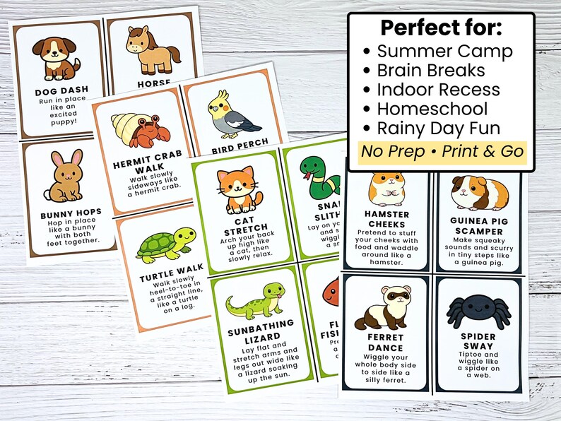 May include: A set of illustrated cards featuring various animal-themed exercises. Each card displays a cartoon animal and instructions, such as "Dog Dash" and "Bunny Hops." The cards are designed for summer camp, brain breaks, and indoor activities.