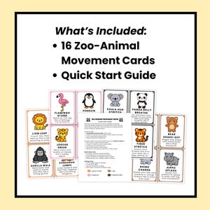 Op de afbeelding: Een set van 16 dierlijke bewegingskaarten en een snelstartgids. Elke kaart toont een andere dierlijke illustratie met instructies voor een bijbehorende beweging. De kaarten hebben een witte achtergrond en kleurrijke dierlijke illustraties.