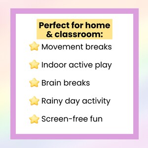 May include: A white rectangular sign with a purple border and a pastel rainbow background. The sign has the text "Perfect for home & classroom:" followed by a list of activities, including "Movement breaks" and "Screen-free fun."