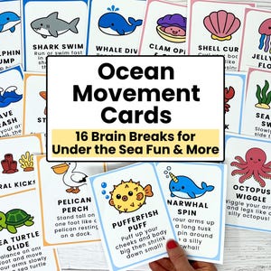 May include: A collection of colorful Ocean Movement Cards with illustrations of sea creatures like dolphins, sharks, and jellyfish. The cards feature text such as "Dolphin Jump" and "Octopus Wiggle". The central card reads "Ocean Movement Cards".