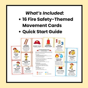May include: A set of 16 fire safety-themed movement cards and a quick start guide. The cards feature illustrations and instructions for activities like "Ladder Balance," "Fire Hose Spray," and "Fire Alarm Dance."