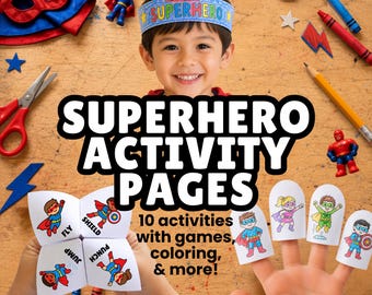 Superhero Activity Pages | Kids Printable Activities Pack | Coloring, Games, Craft, Crown, Finger Puppets, Tracing, I Spy, Scissor Skills