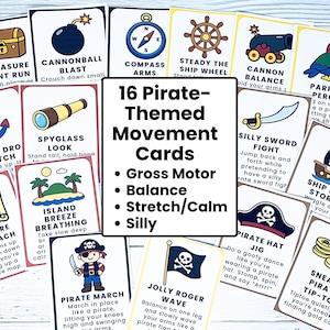 Op de afbeelding: Een set van 16 piratenthema bewegingskaarten met illustraties en instructies voor grove motoriek, evenwicht en stretching. Elke kaart toont een andere piratenactiviteit, zoals "Schattenjacht" en "Piraat Hoed Jig".