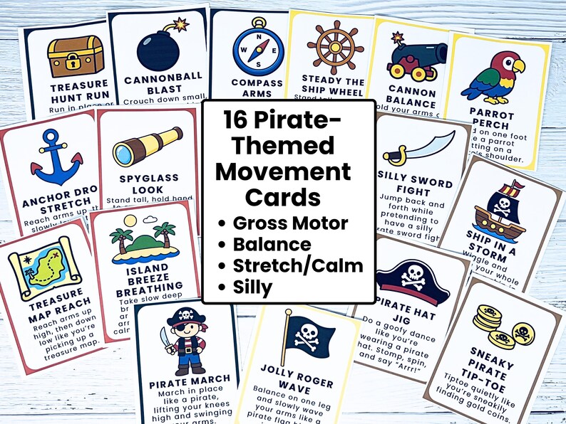 Op de afbeelding: Een set van 16 piratenthema bewegingskaarten met illustraties en instructies voor grove motoriek, evenwicht en stretching. Elke kaart toont een andere piratenactiviteit, zoals "Schattenjacht" en "Piraat Hoed Jig".