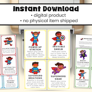 May include: A collection of superhero-themed movement cards with illustrations and instructions. The cards feature various exercises like Superhero Takeoff, Villain Chase, and Power Up Stretch. The text "Instant Download" is at the top, indicating a digital product.