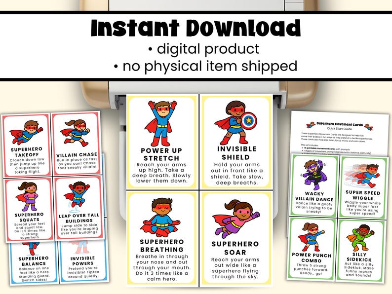May include: A collection of superhero-themed movement cards with illustrations and instructions. The cards feature various exercises like Superhero Takeoff, Villain Chase, and Power Up Stretch. The text "Instant Download" is at the top, indicating a digital product.