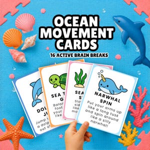 May include: Ocean Movement Cards with 16 Active Brain Breaks. The cards feature sea creatures like a dolphin, turtle, and narwhal. The image includes a blue dolphin figurine, seashells, and coral on a blue background.