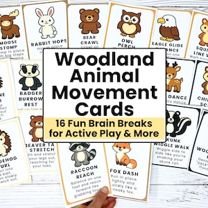 Pu&ograve; includere: Un set di 16 Woodland Animal Movement Cards. Ogni carta presenta un'illustrazione di un animale e un esercizio, come Moose Stomp, Rabbit Hops e Bear Crawl. Le carte sono progettate per il gioco attivo e le pause mentali.