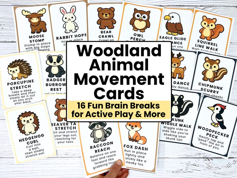 Pu&ograve; includere: Un set di 16 Woodland Animal Movement Cards. Ogni carta presenta un'illustrazione di un animale e un esercizio, come Moose Stomp, Rabbit Hops e Bear Crawl. Le carte sono progettate per il gioco attivo e le pause mentali.